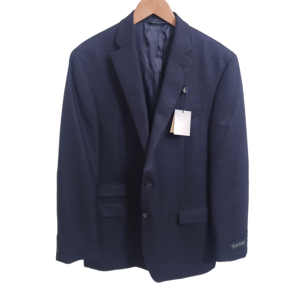 NWT Lauren Ralph Lauren Wool Blue & Black Plaid Double Button Blazer Size 42L